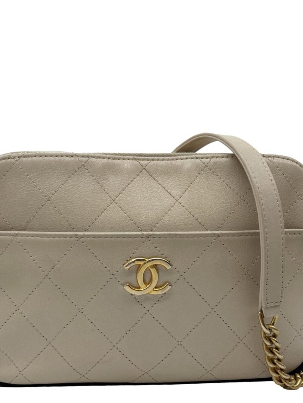 Chanel  Button Up Stitched Calfskin Leather Camera Crossbody Bag Beige